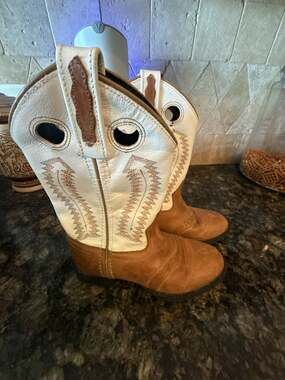 Old West Kids Brown and White Leather Western Cowboy Boots